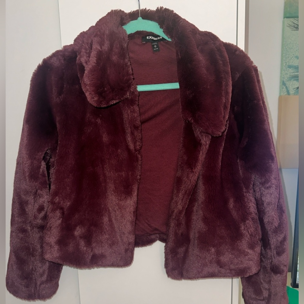 Express Maroon Fuzzy/Fur Cropped Coat Size XS